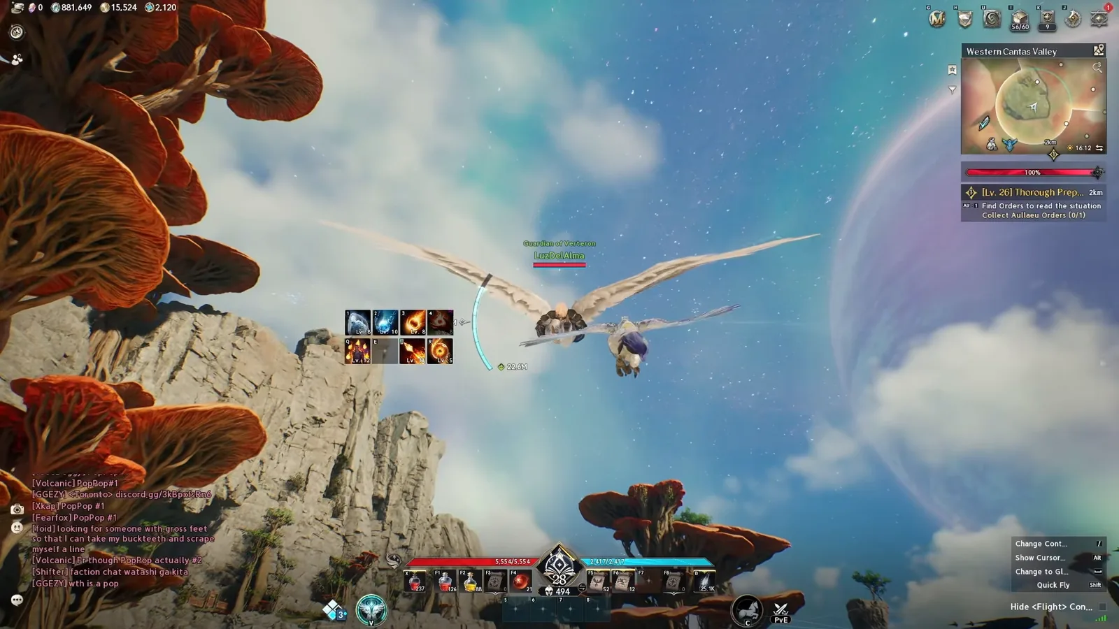 AION 2 Daeva flying with wings over the mushroom forest using the flight boost