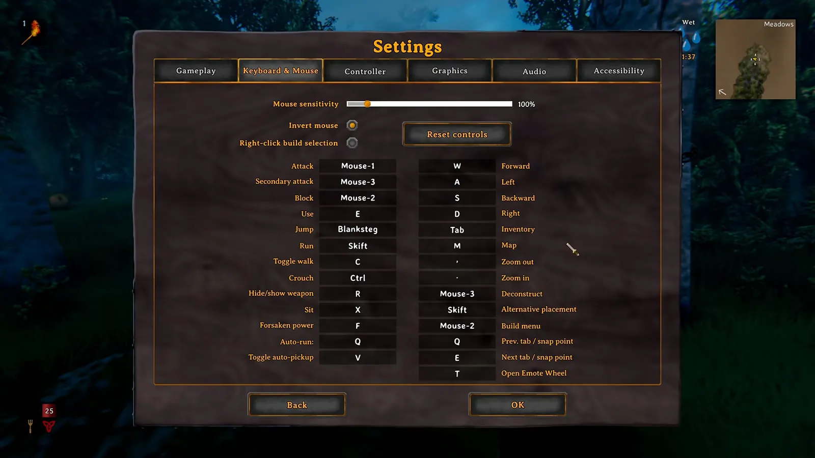Valheim 1.0 Keyboard and Mouse settings screen showing the default controls