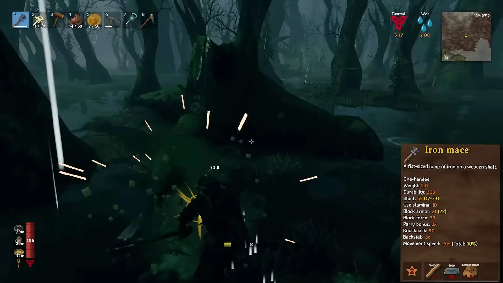 Iron mace tooltip during a fight in the Valheim Swamp