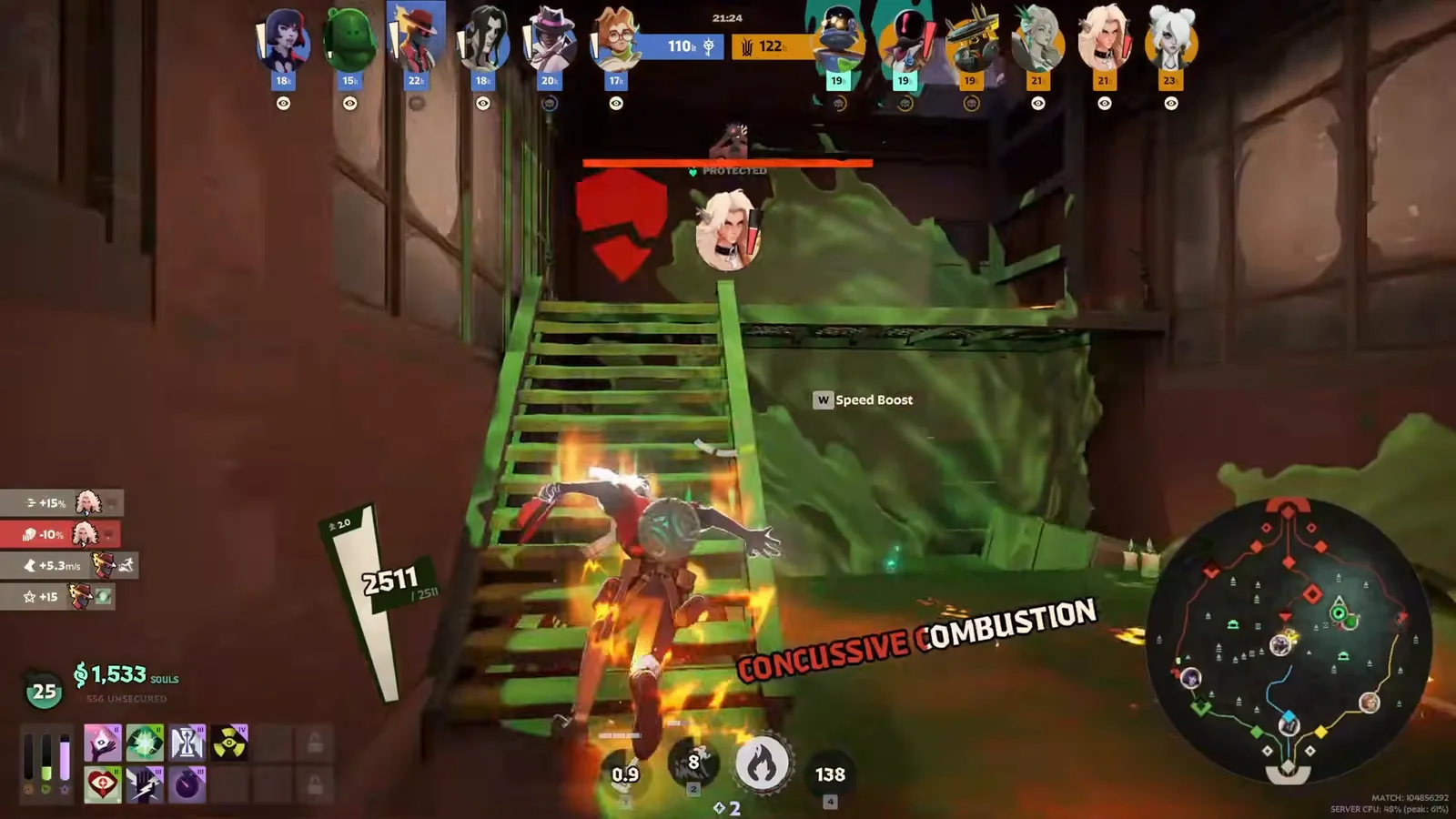 Infernus casting Concussive Combustion on a staircase while chasing an enemy hero
