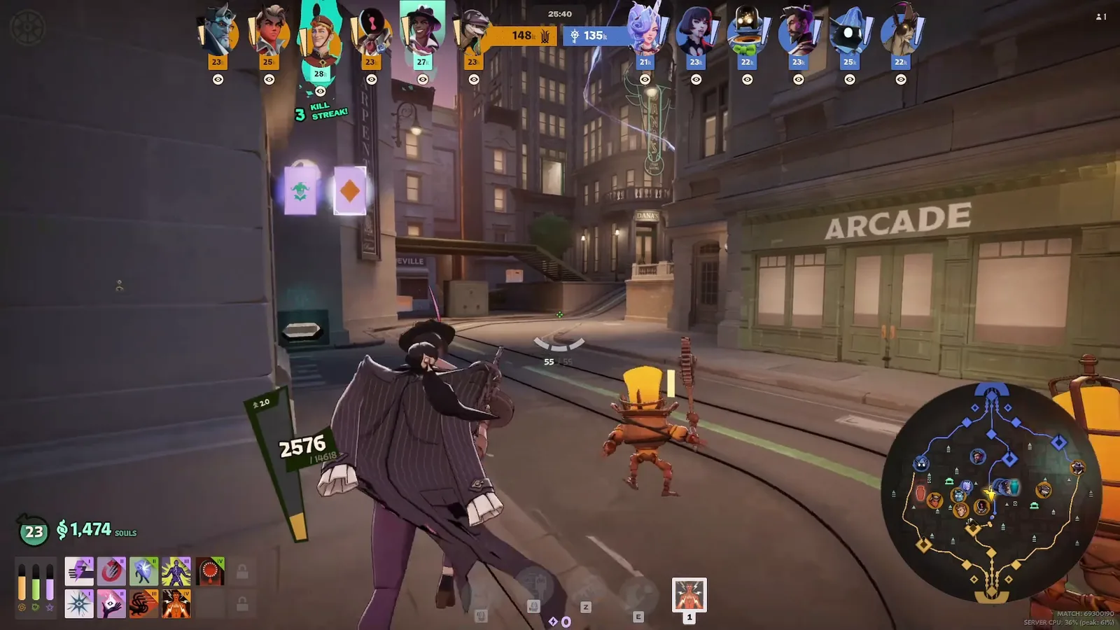 Wraith in her pinstripe coat walking a lane in Deadlock, with her ability bar at the bottom