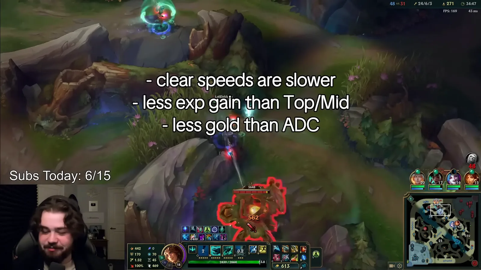 Video caption on 2026 jungle: slower clears, less XP than top and mid, less gold than ADC