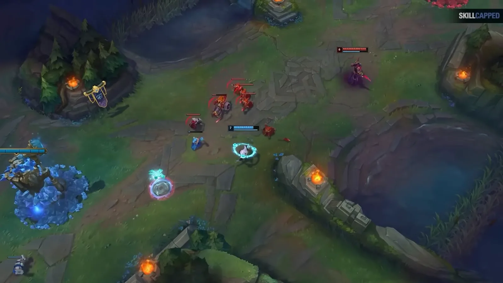 Leona support helping her mid laner push out a frozen wave in League of Legends