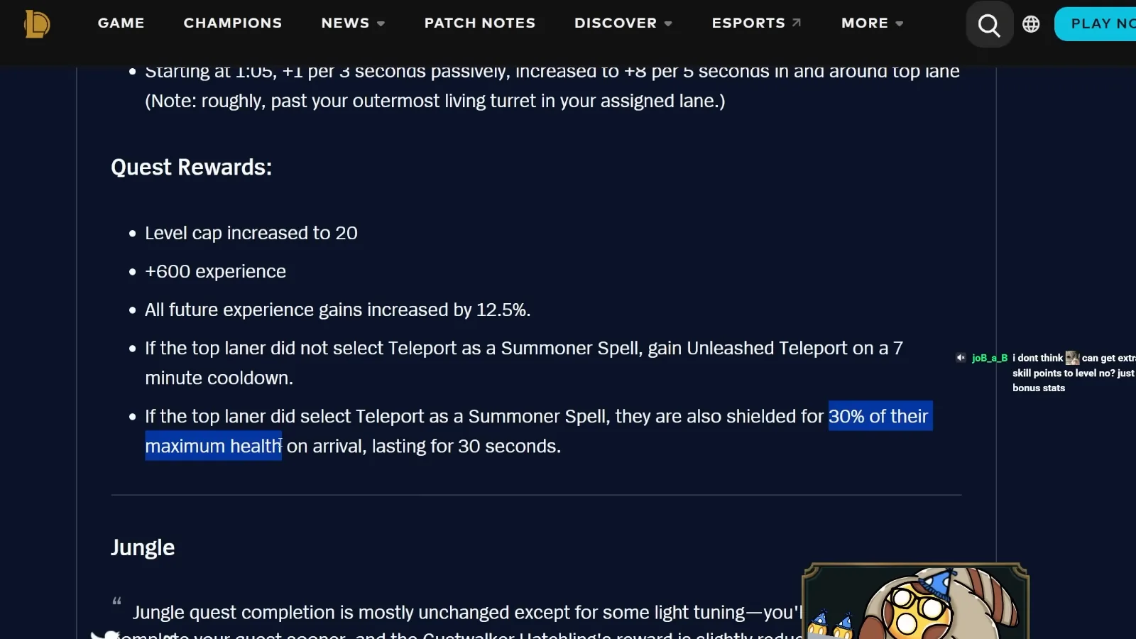 Top lane role quest rewards in the 26.1 patch notes: level 20, 600 XP and Unleashed Teleport