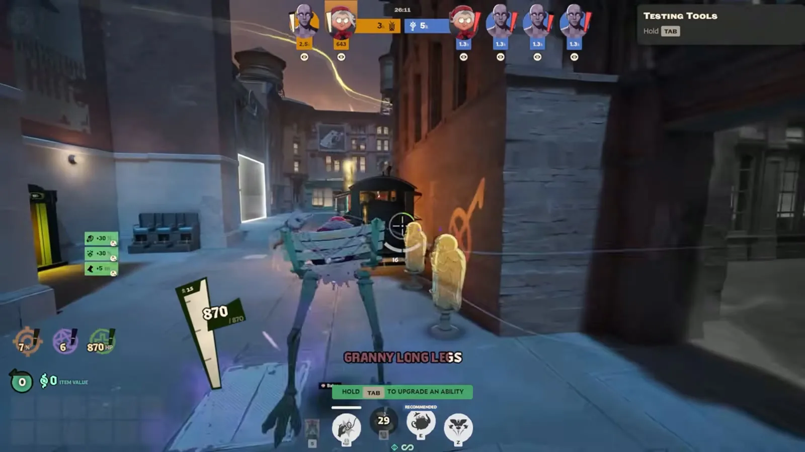 Baba crouched on the extended bench legs charging a high jump toward a rooftop in a Deadlock alley