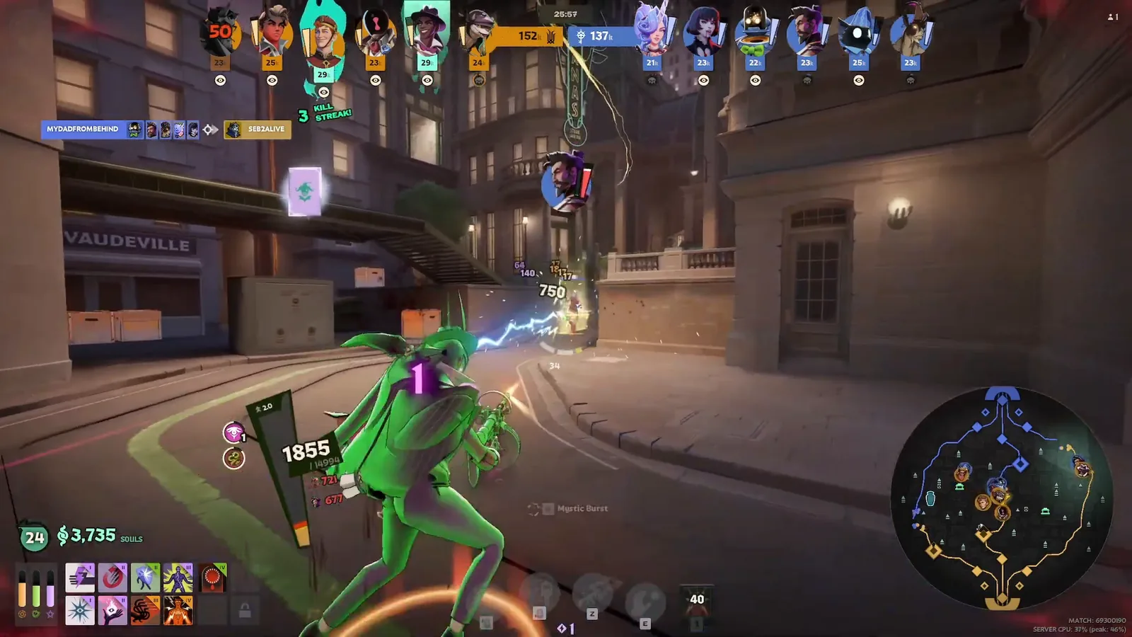 Wraith shooting an enemy with Tesla Bullets shocks during mid game in Deadlock