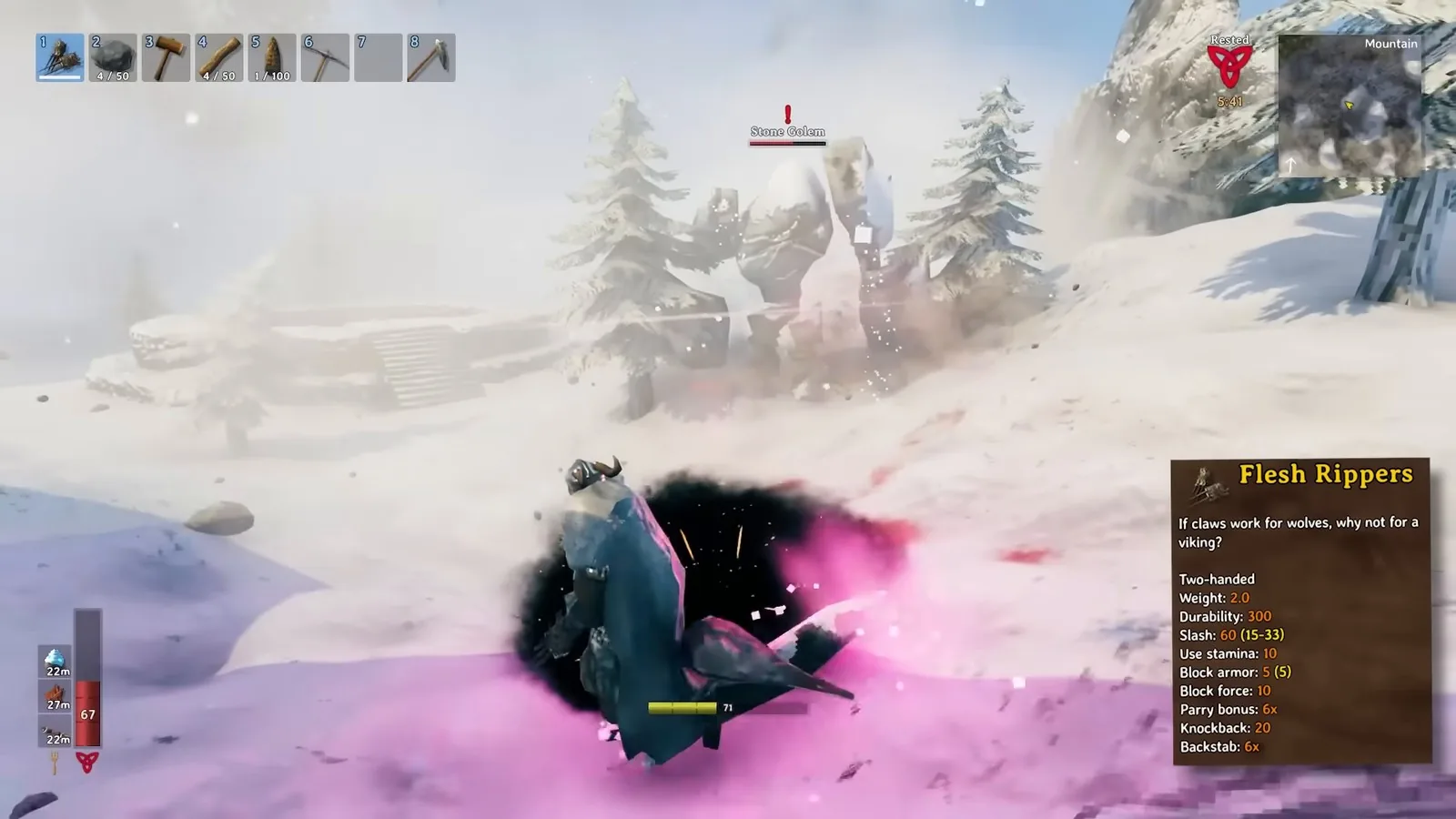 Flesh rippers fists tooltip in a snowy Valheim Mountains fight