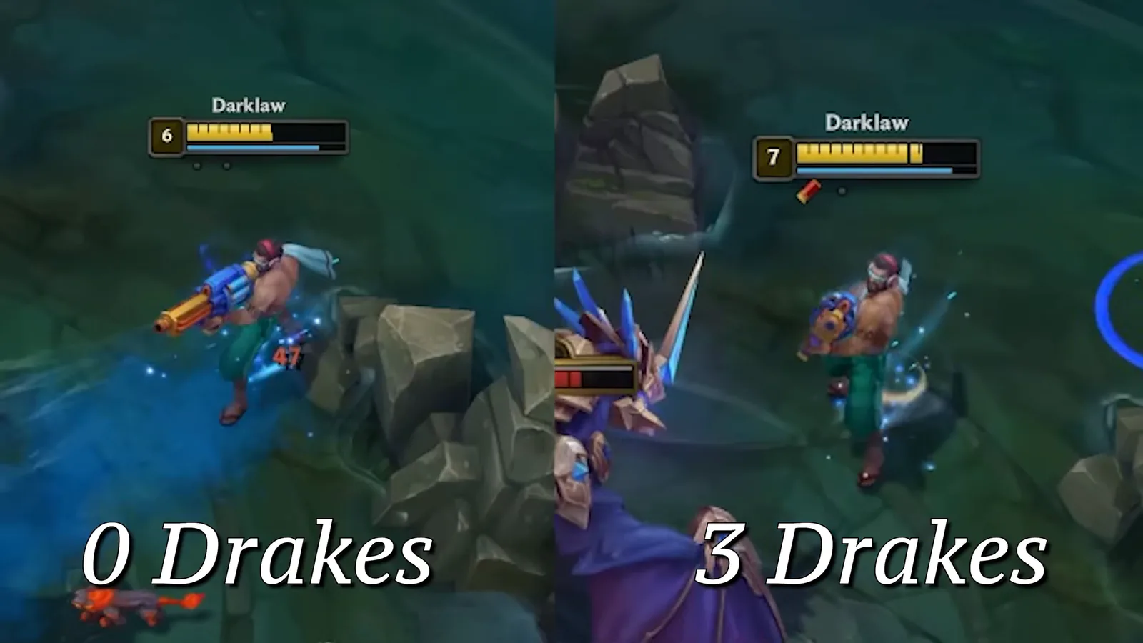 Drake fight comparison with 0 drakes and 3 drakes held by the team