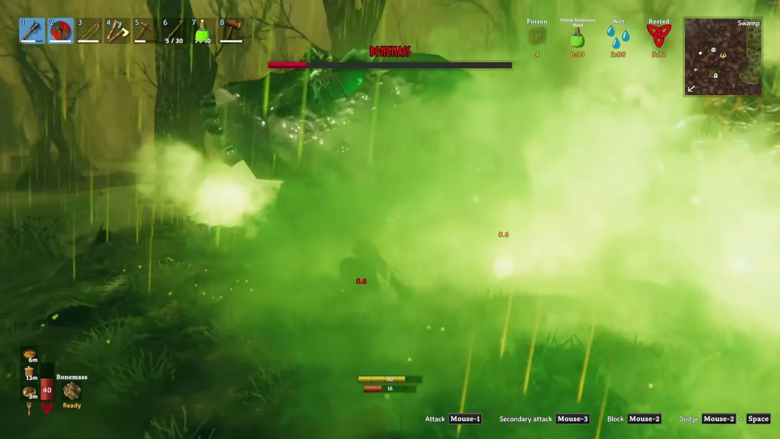 Bonemass's poison cloud filling the arena late in the fight