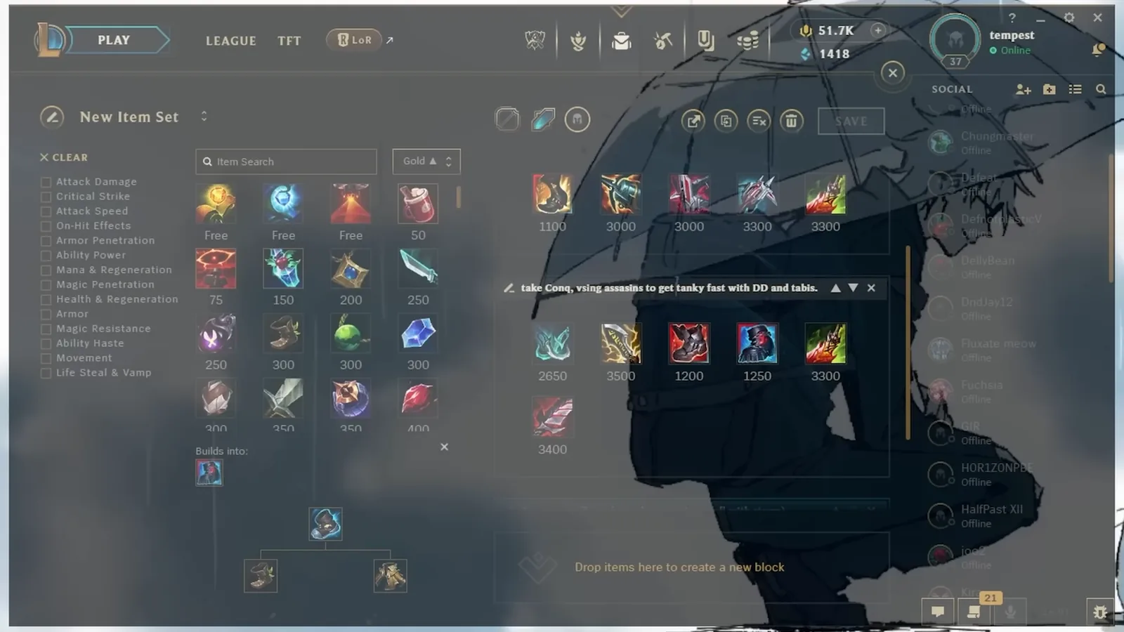 The video's four Yone item sets in the client: Bork, Kraken, PD-IE with Conqueror and Stormrazor