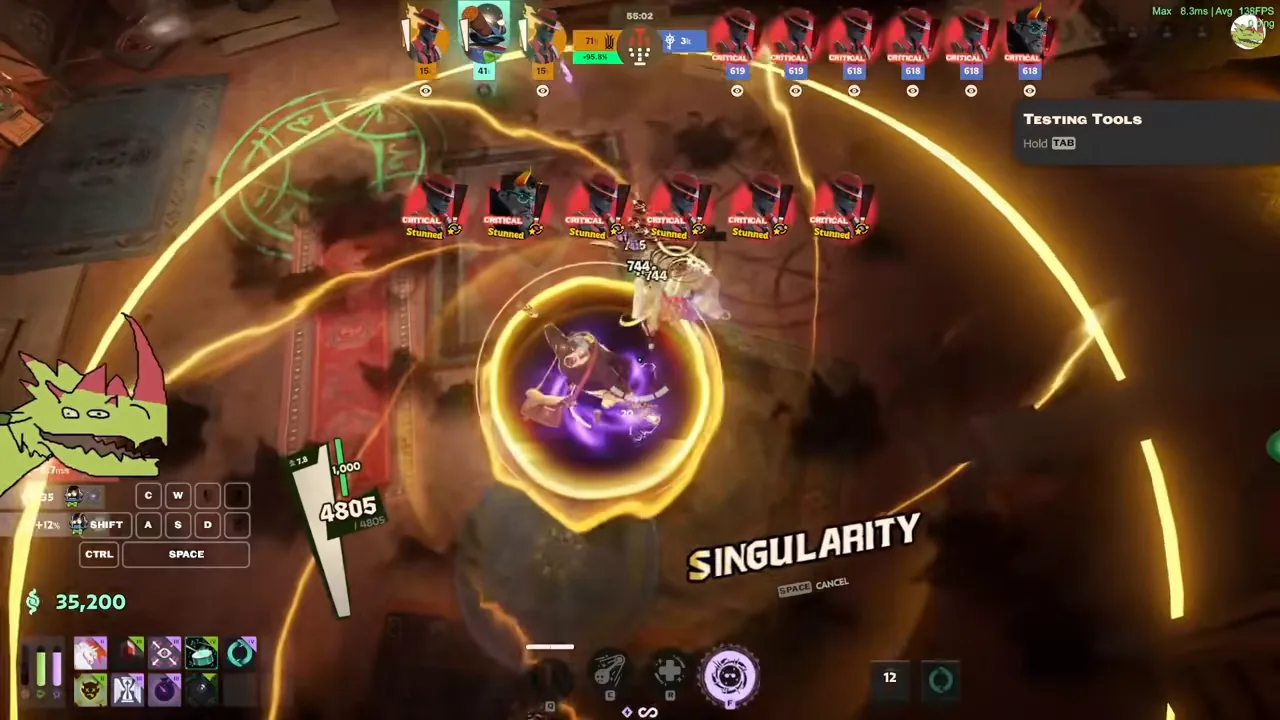 Dynamo's Singularity black hole pulling a row of target dummies in the sandbox