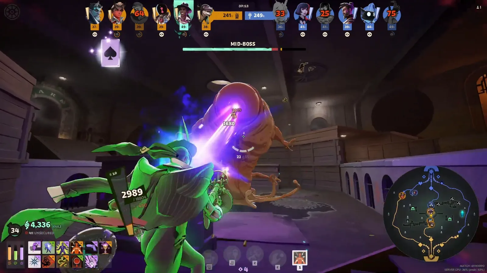 Wraith shooting the Mid-Boss with a card stacked above her in Deadlock