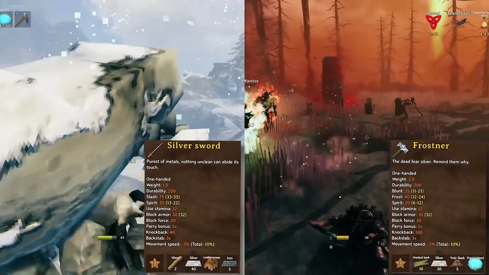 Silver sword and Frostner tooltips side by side in Valheim