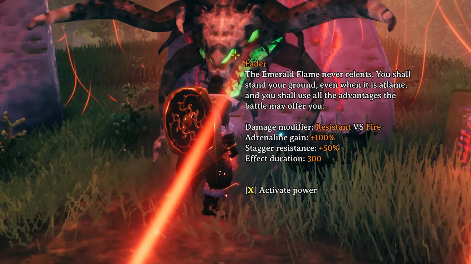 Fader Forsaken power tooltip in Valheim: resistant vs fire, +100% adrenaline gain and +50% stagger resistance