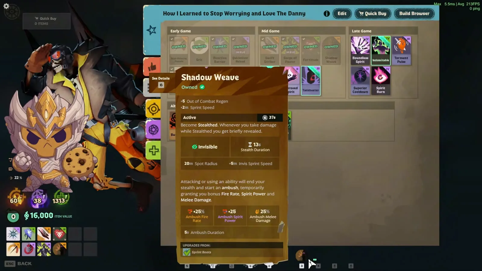 Shadow Weave item tooltip on the Deadman Danny build page in Deadlock