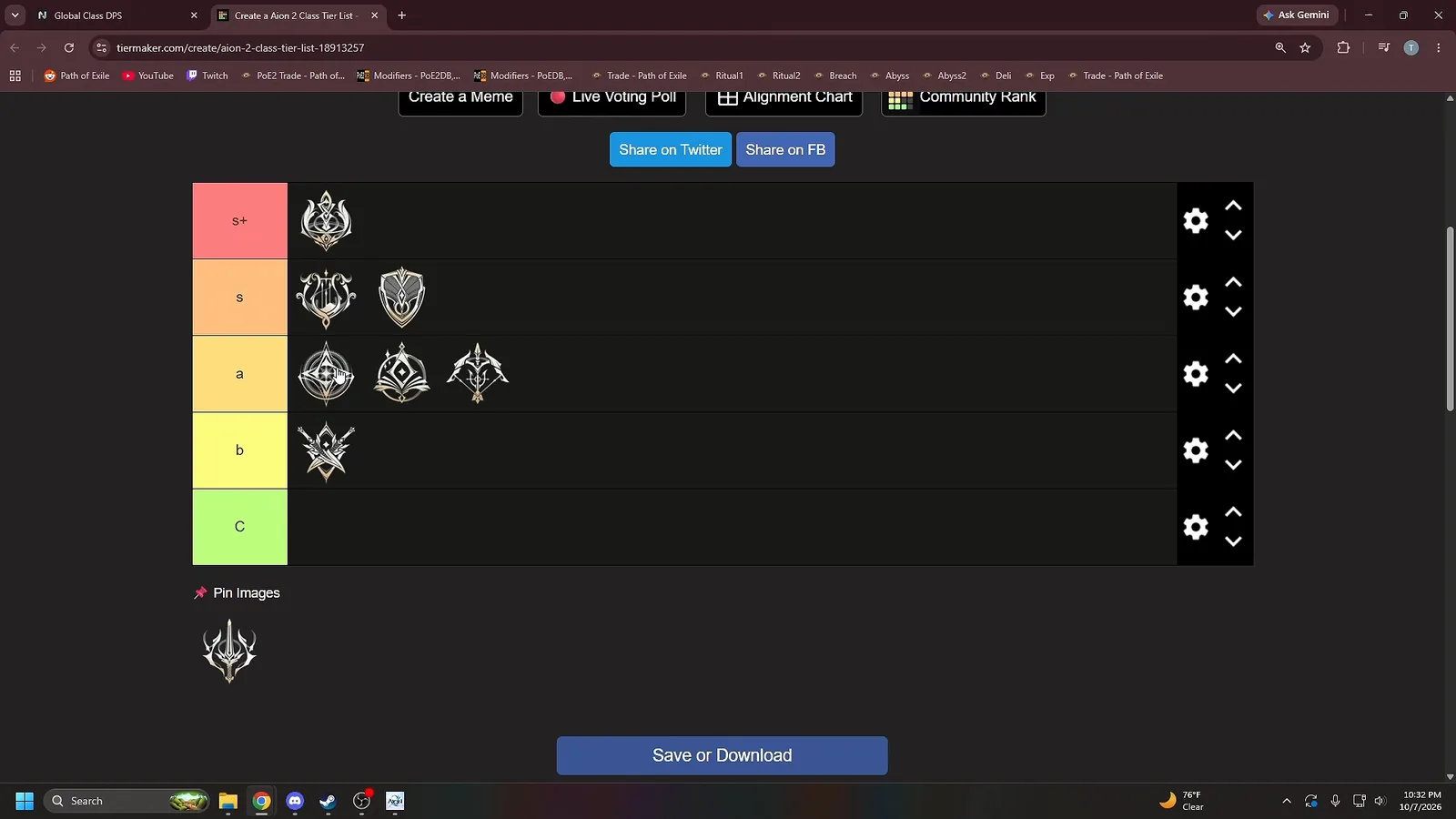 AION 2 tier list with Cleric and Templar in S tier and the three ranged DPS classes in A tier