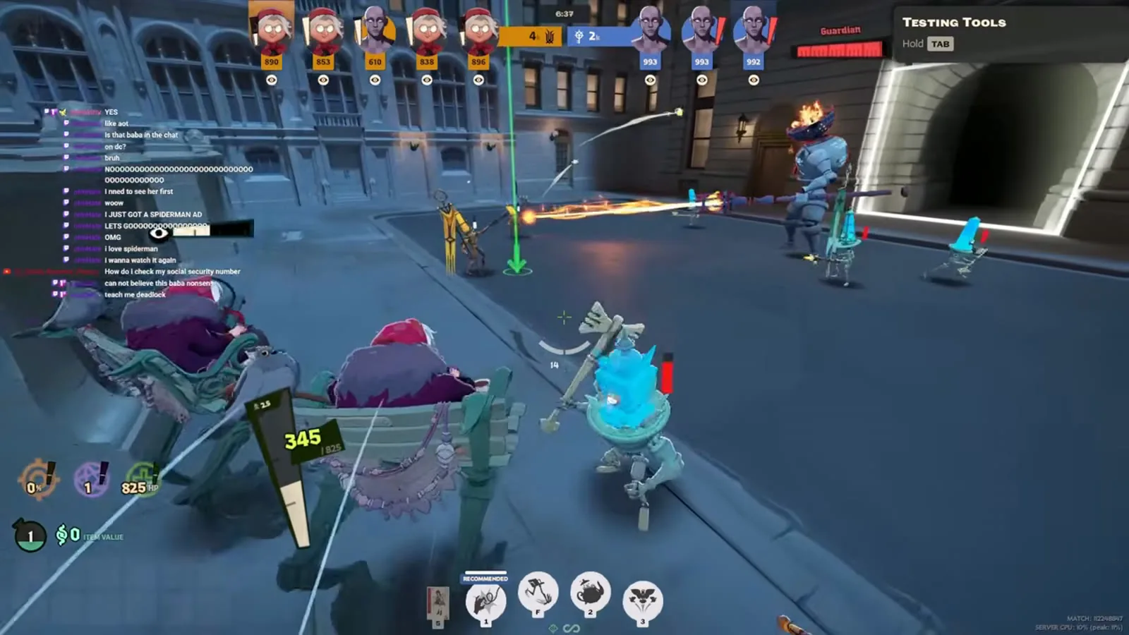 Allied troopers absorbing an enemy Guardian's laser so heroes can damage the tower in Deadlock