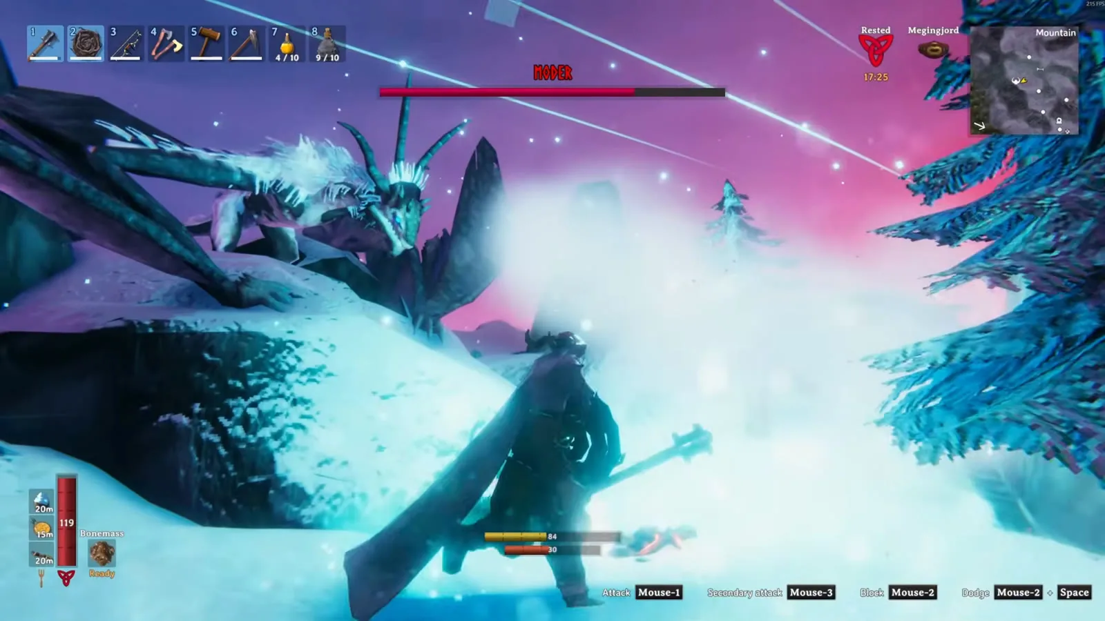 Moder's Cold breath blasting toward the player in Valheim 1.0