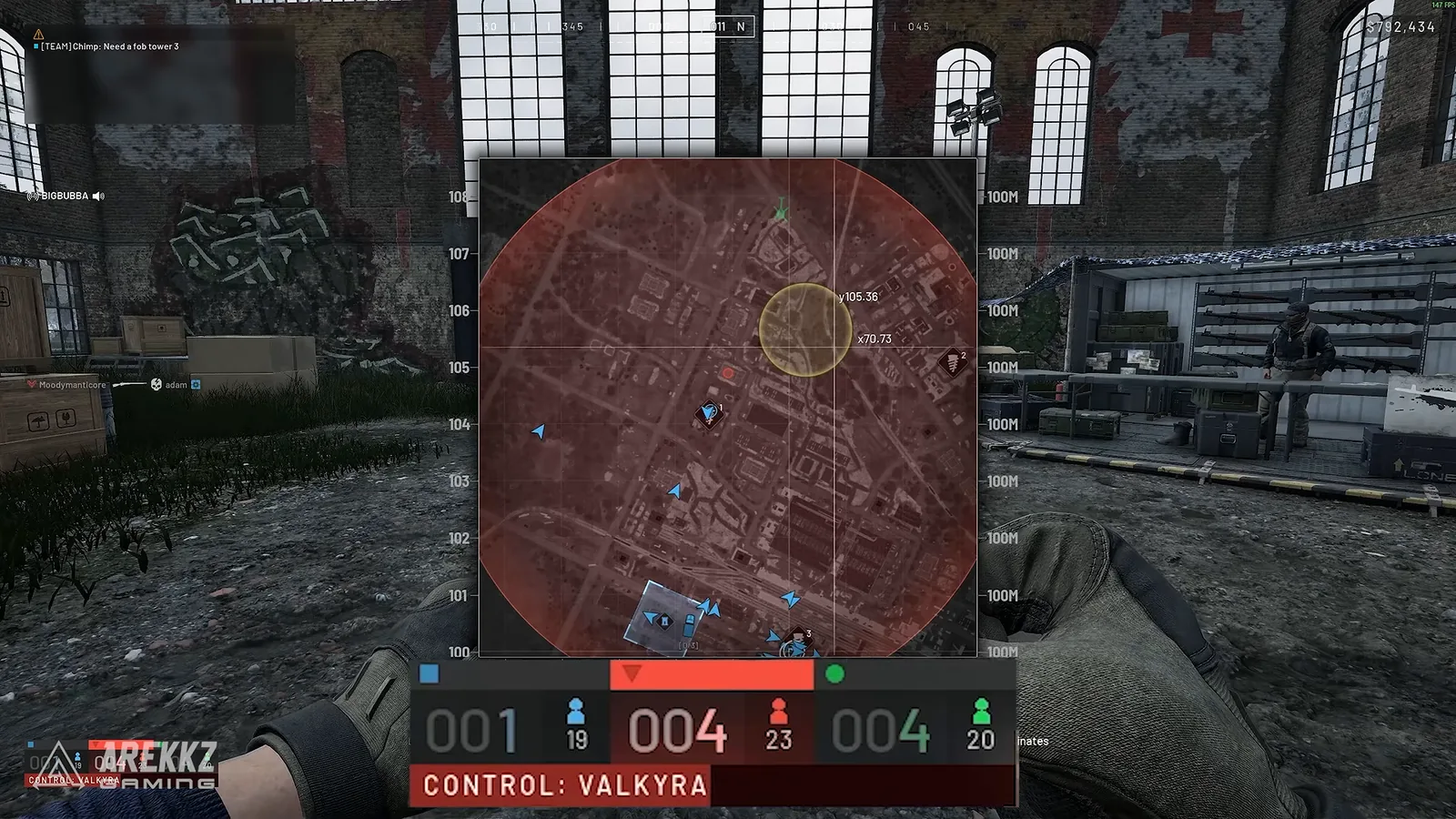 WARDOGS map showing the control zone circle, the hot zone and team scores