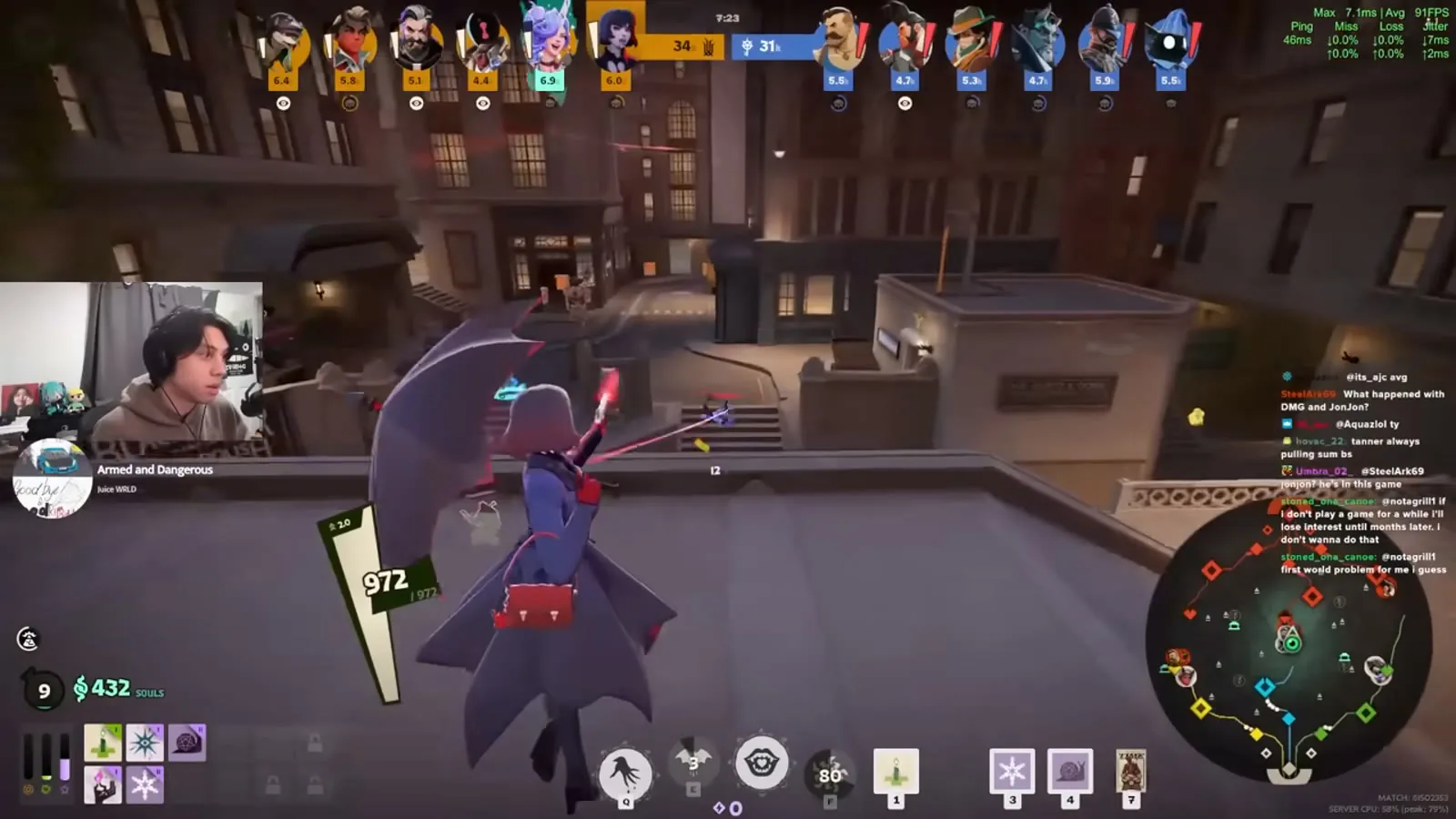 Deadlock hero on a rooftop with the stamina bars visible under the crosshair