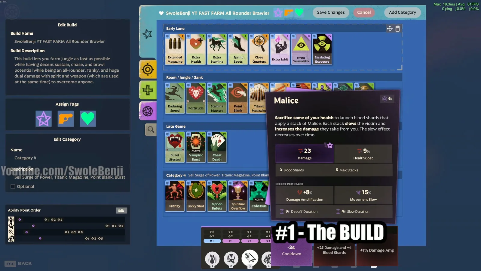 Lady Geist build editor showing the Malice tooltip and ability point order