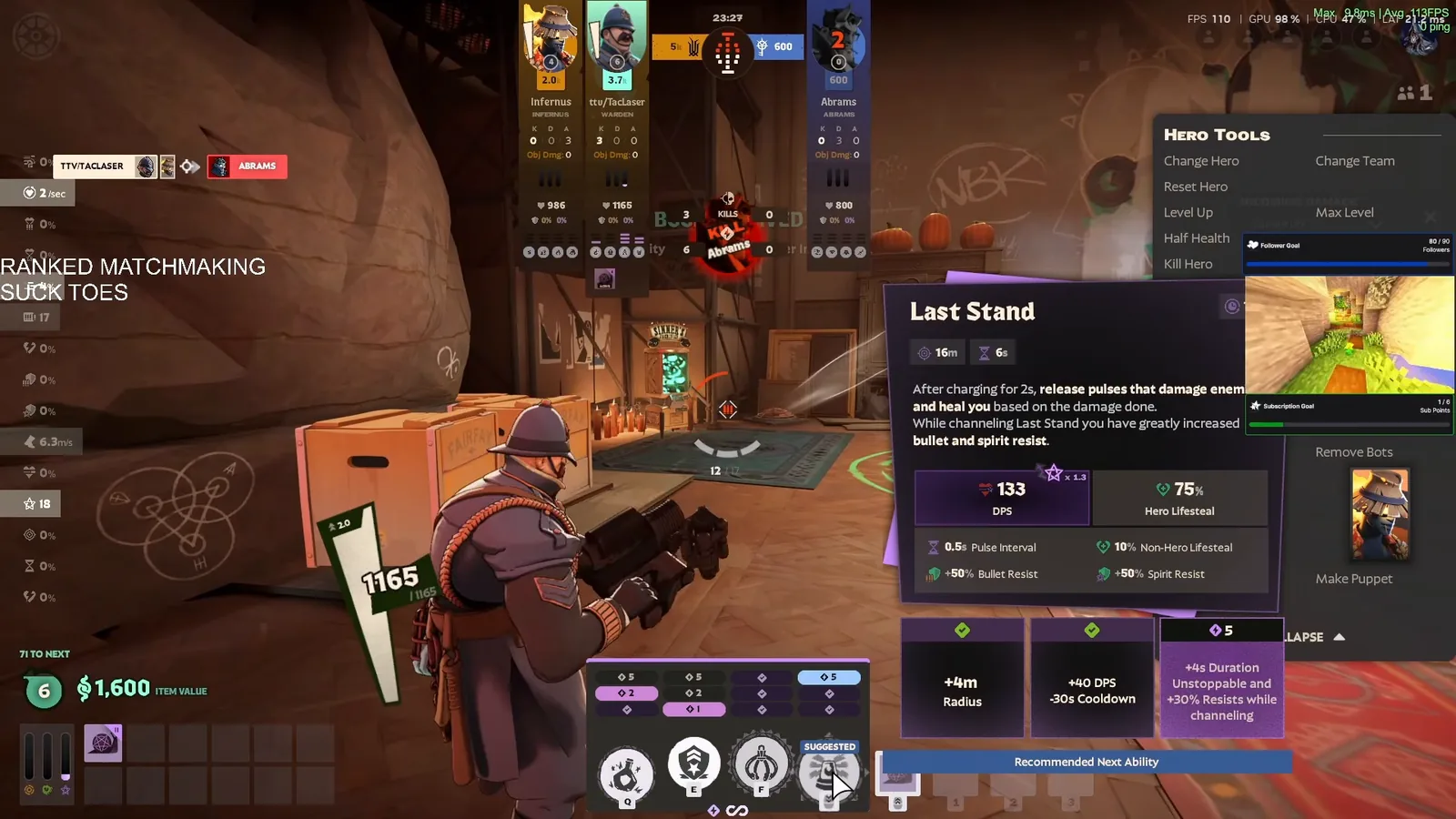 Warden's Last Stand tooltip with its DPS, lifesteal and upgrade tiers in the Deadlock sandbox