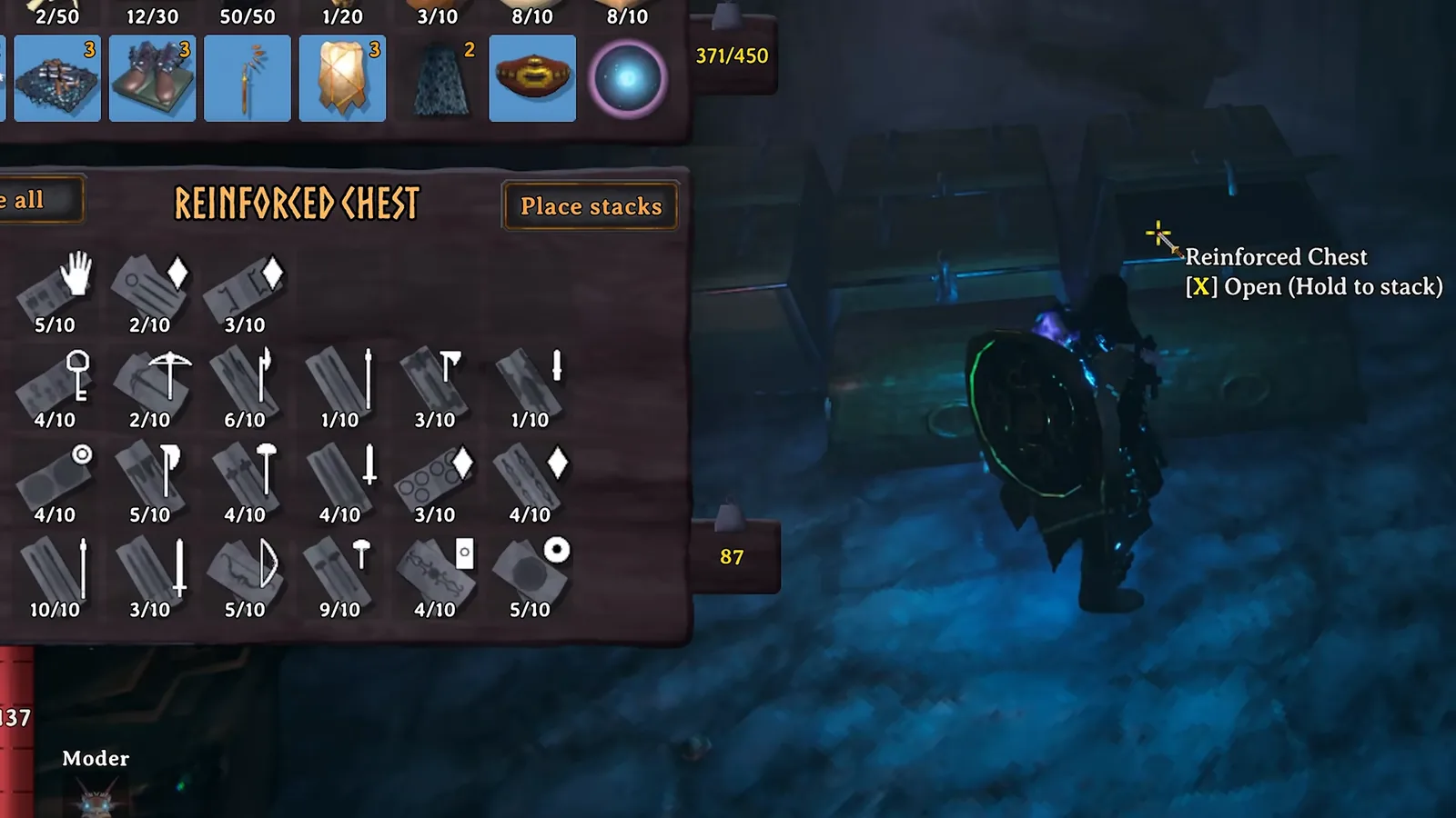 Reinforced chest full of Deep North weapon moulds stacked out of 10 in Valheim 1.0