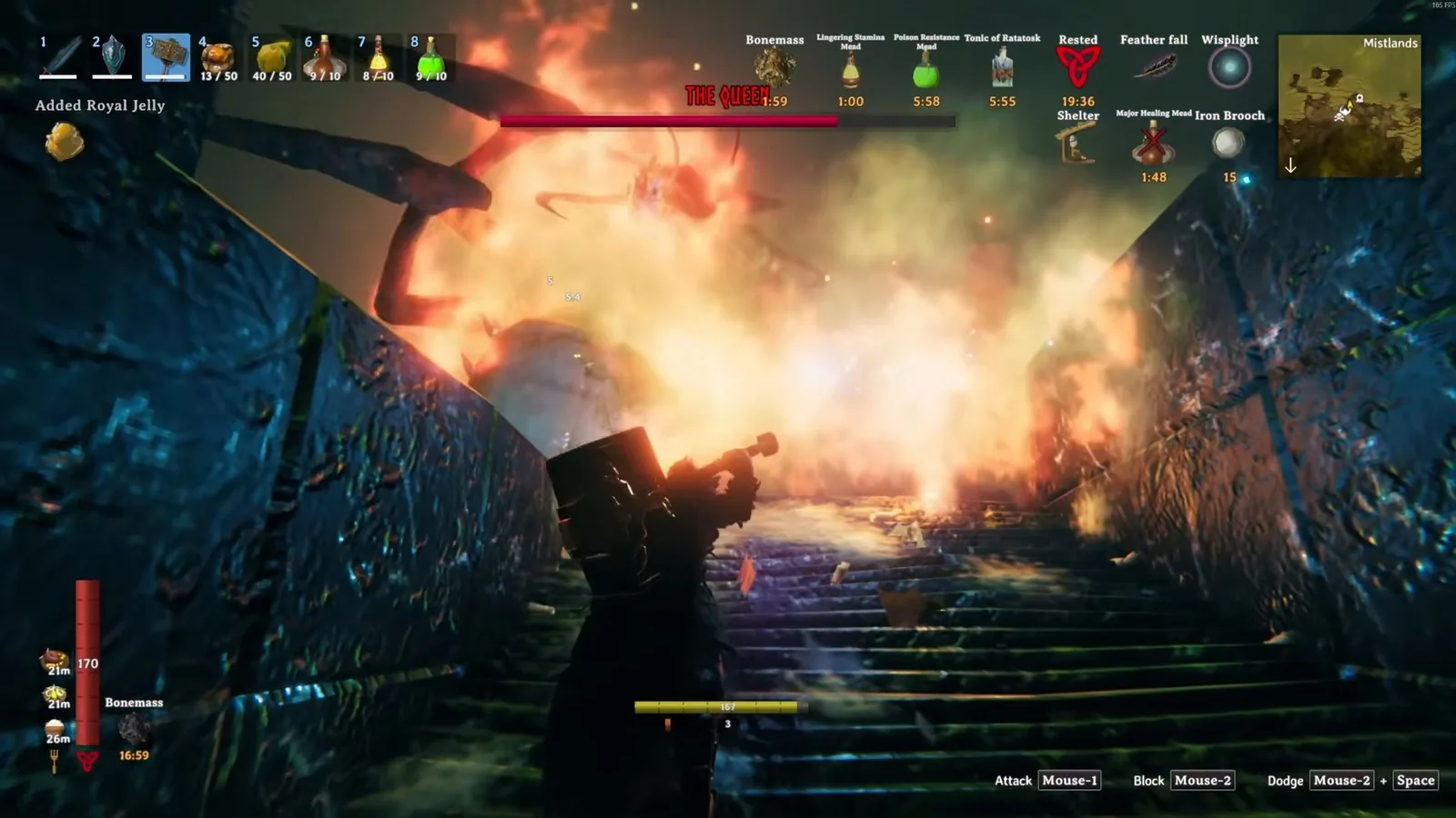 A Bile bomb exploding on the Queen at the top of the citadel stairs