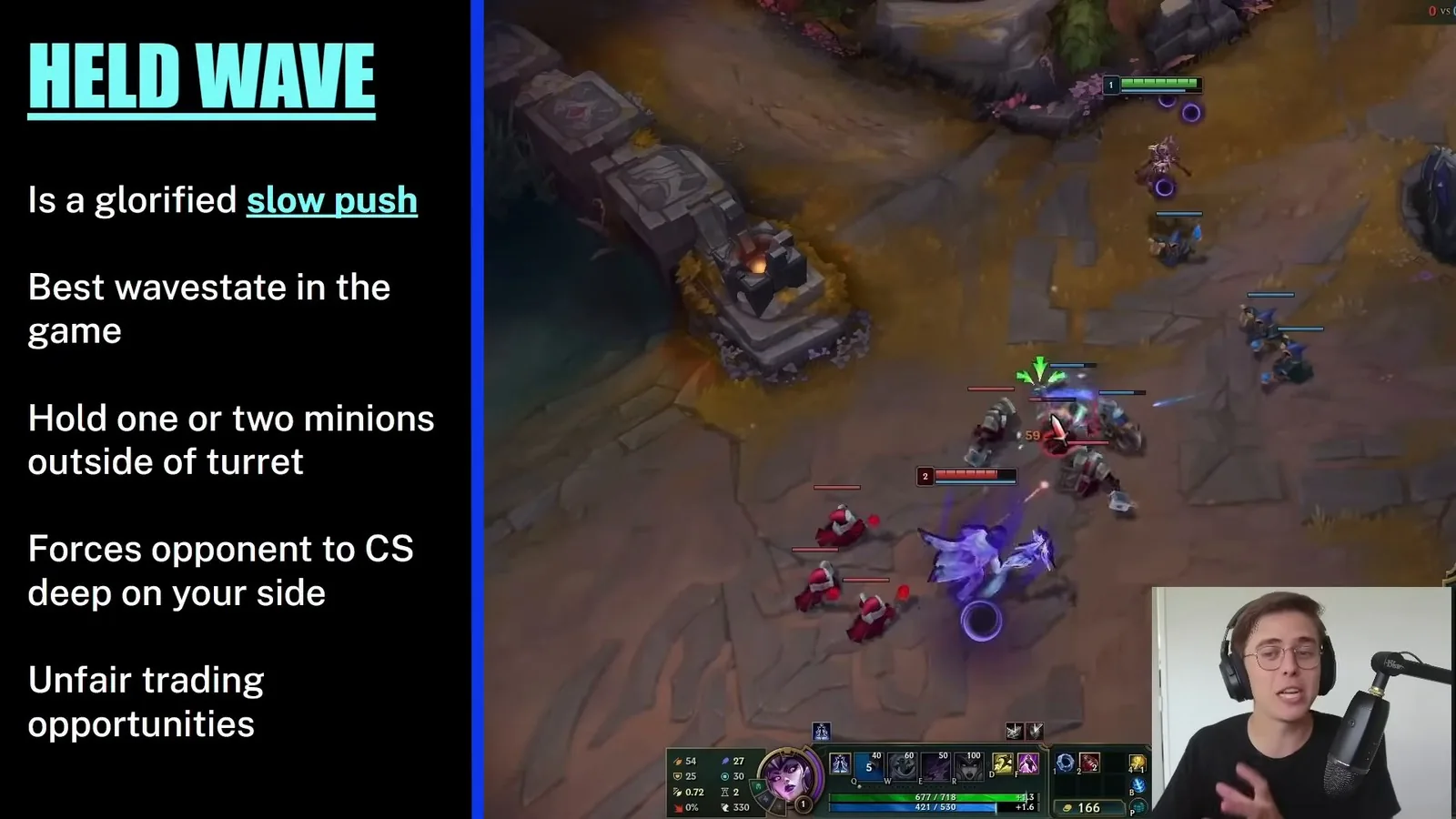 Held wave slide: hold one or two minions just outside your turret in mid lane
