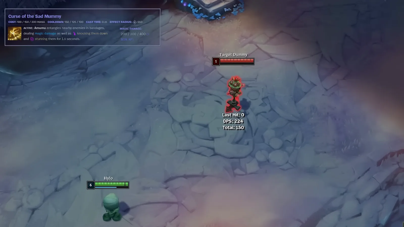 Amumu Curse of the Sad Mummy tooltip in Practice Tool showing the 1.5 second stun