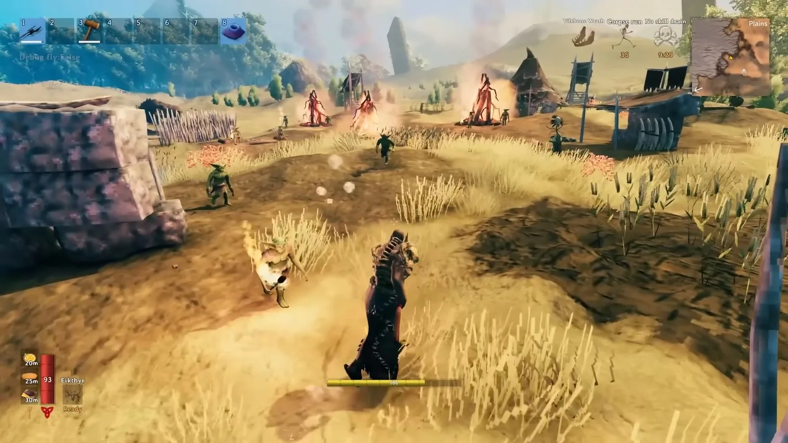 Player with a Black metal atgeir charging a Fuling camp in the Valheim Plains