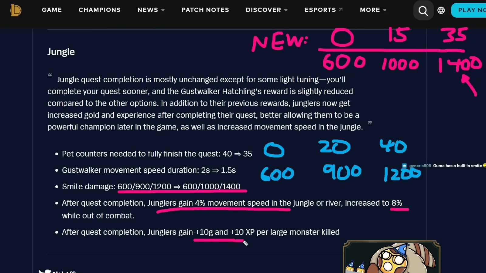 Jungle role quest Smite damage tiers 600, 1000 and 1400 at 0, 15 and 35 pet treats