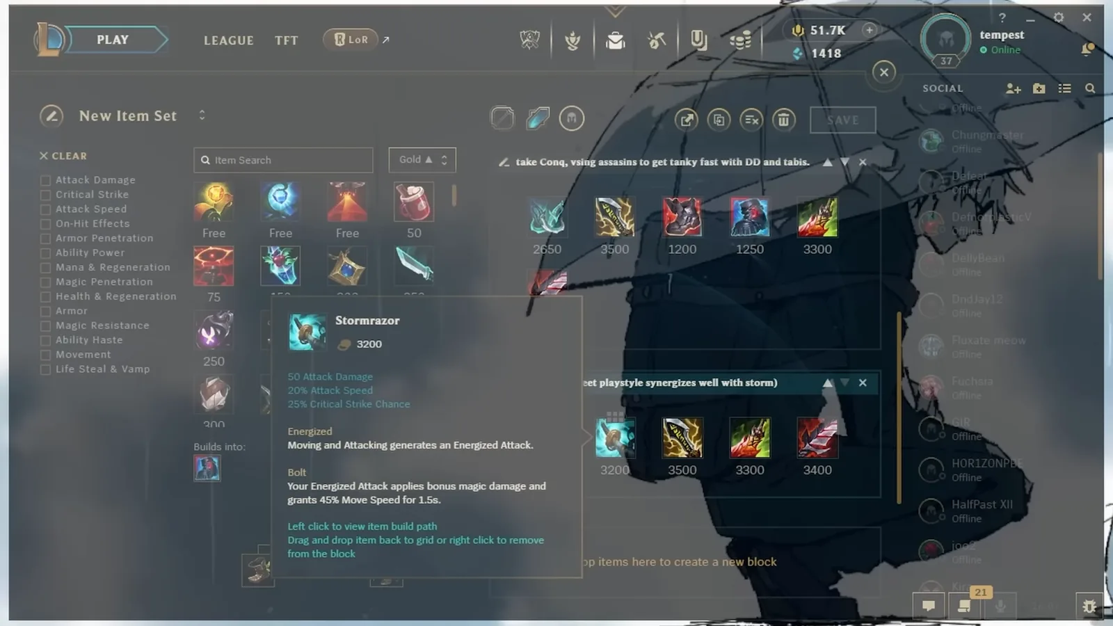 Stormrazor tooltip in the video's item set: 3200 gold, attack damage, attack speed and crit