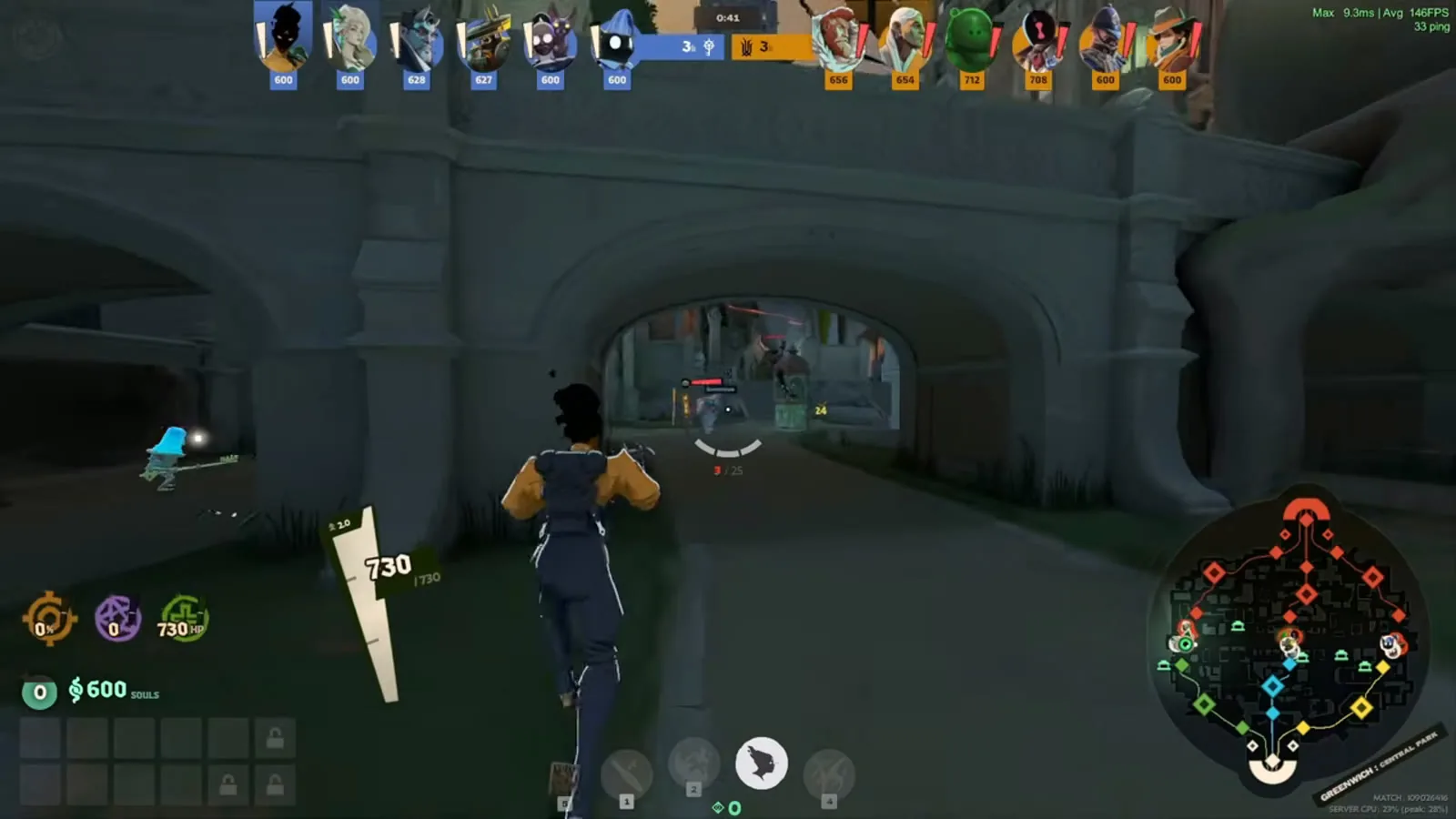Hero running under a stone bridge on Deadlock's Greenwich lane in a live match