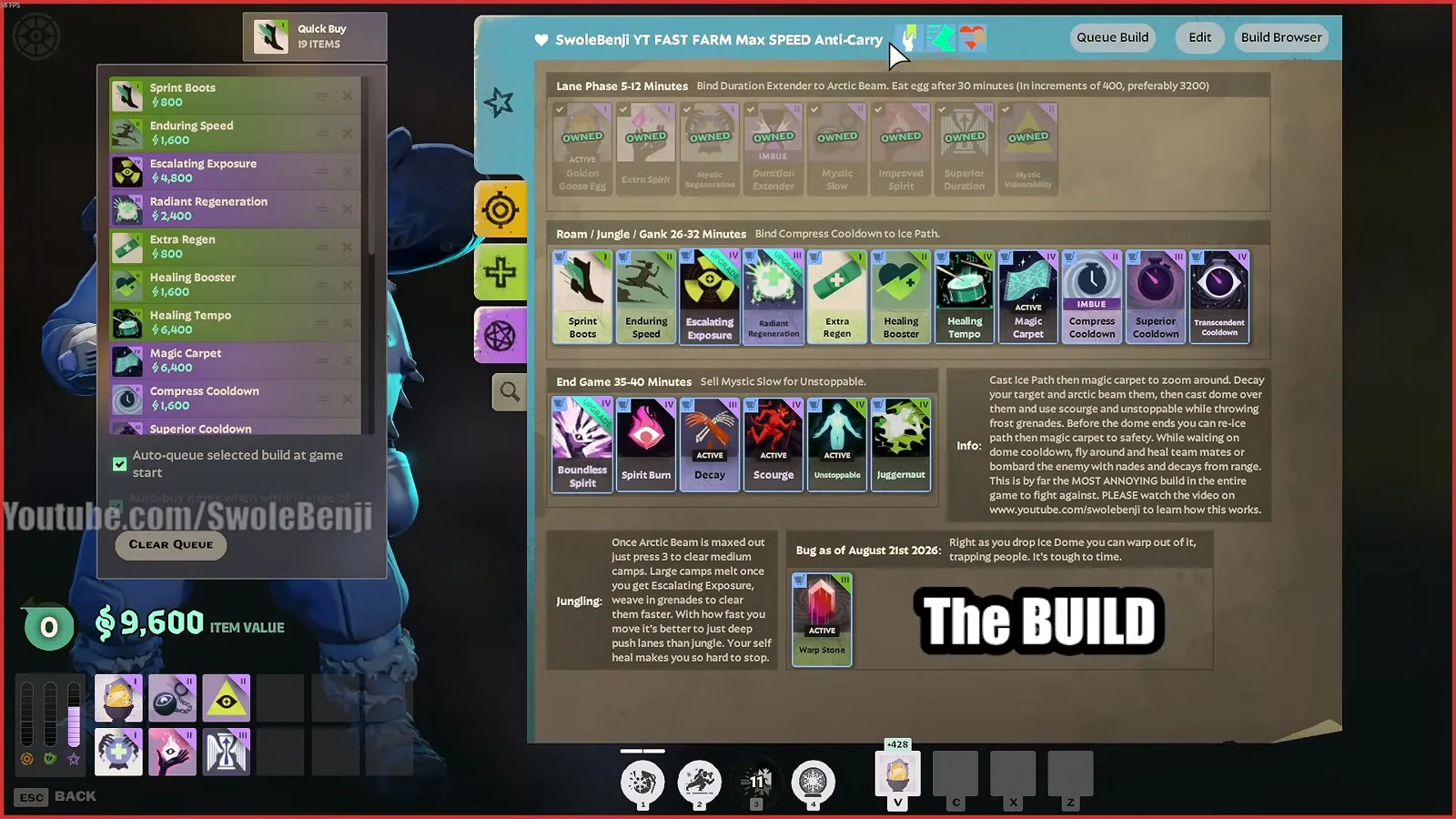 SwoleBenji Kelvin anti-carry build screen with lane, roam and late-game items