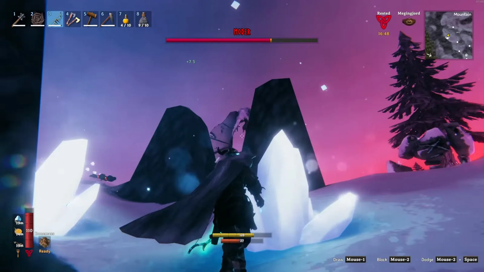 Ice crystals left in the snow by Moder's Ice barrage while the player stands near the pillars