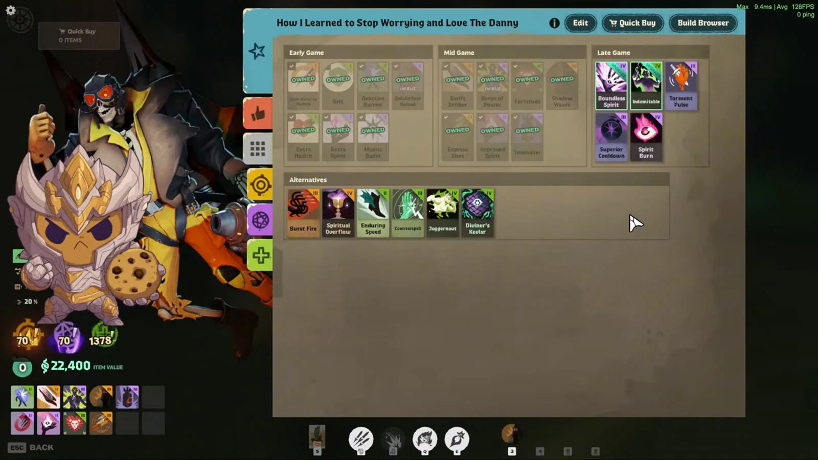 Deadman Danny build page at 22,400 souls with the late game items left to buy