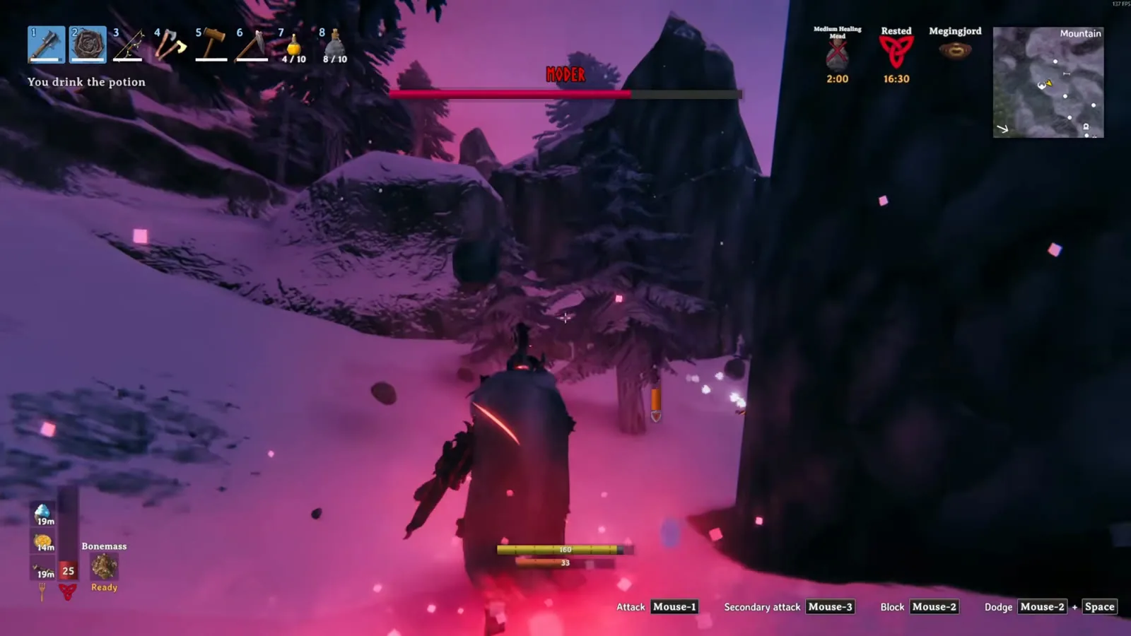 The player drinking a Medium healing mead behind a pillar during the Moder fight