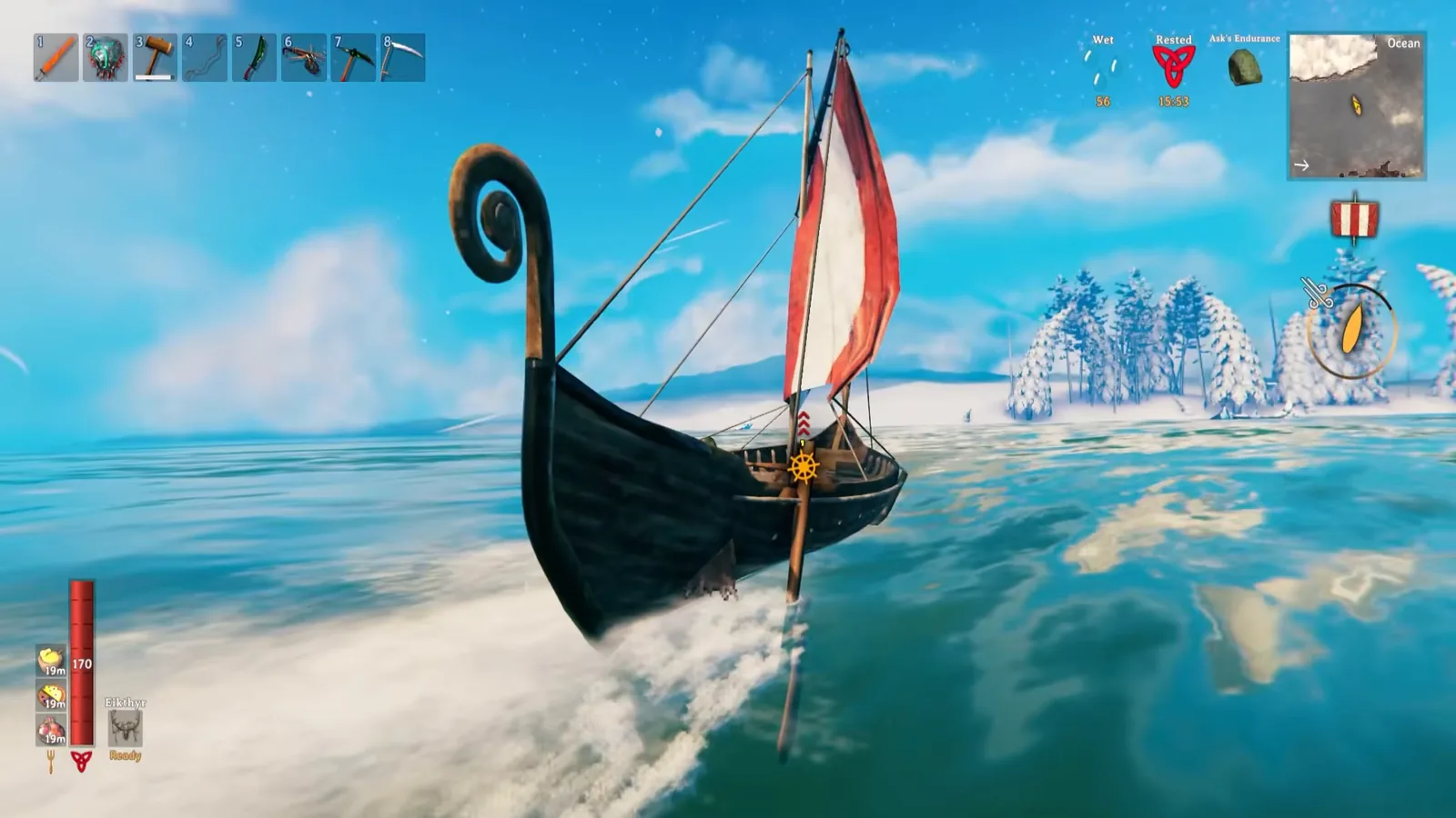 Longship sailing north toward the snowy islands of the Valheim Deep North biome