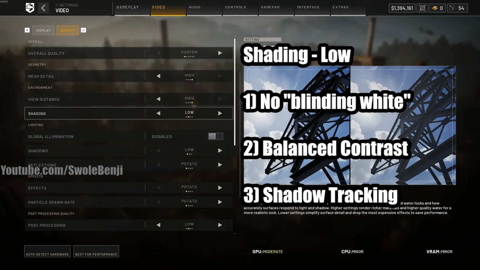 WARDOGS Shading set to Low in the graphics menu with lighting comparison preview