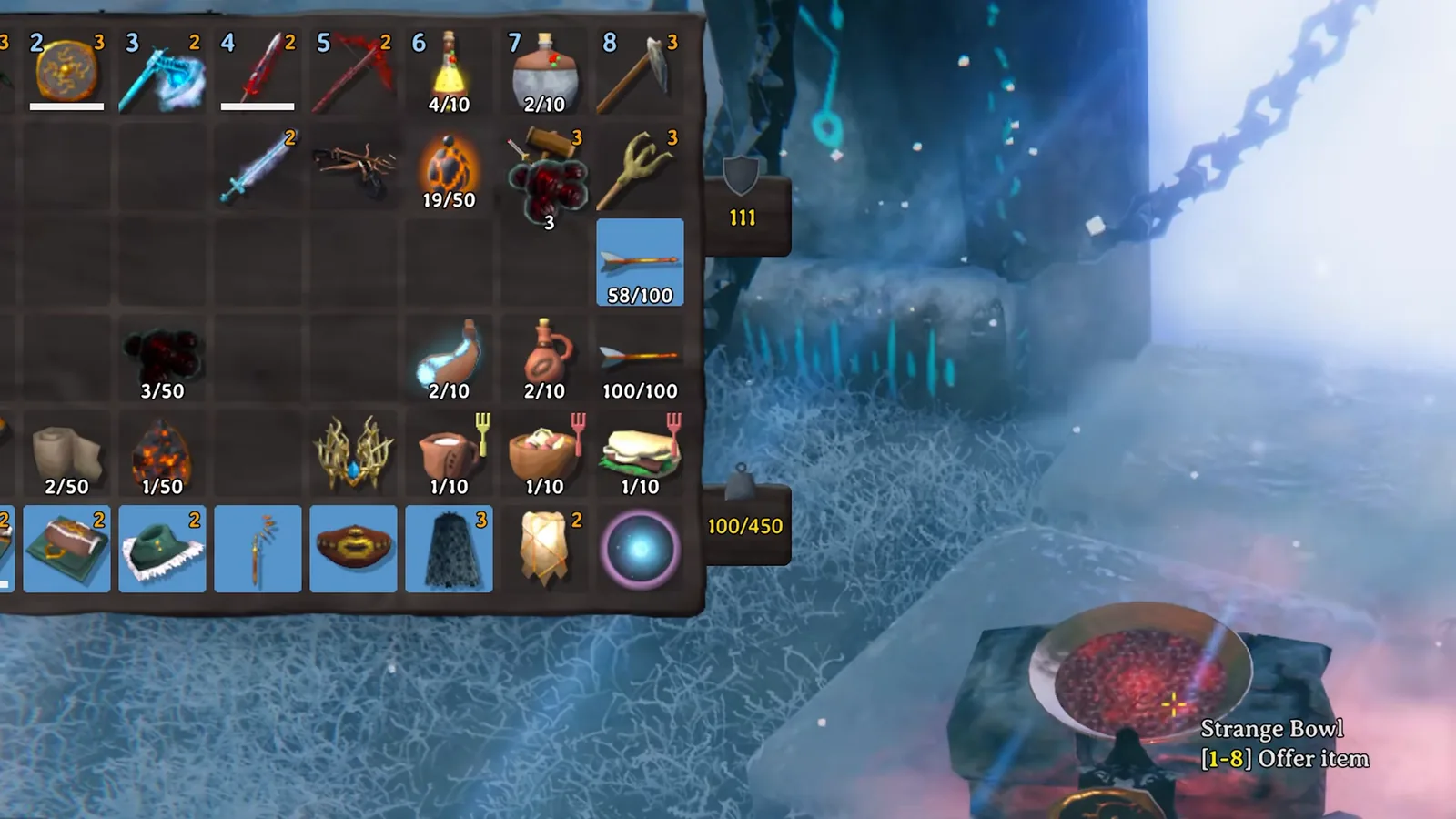 The Strange Bowl at the Valheim Aesir Passage with the Offer item prompt, where 3 Malicious Blood summon Kall Fimbulbringer