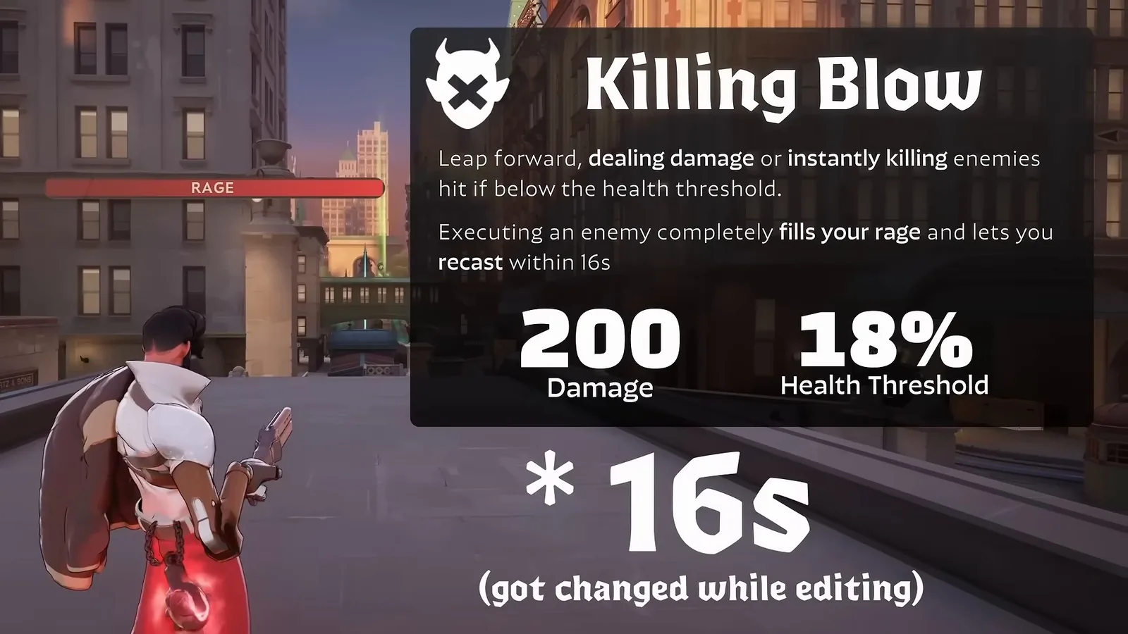 Killing Blow card with 200 damage, 18% health threshold and a 16s recast note in Deadlock