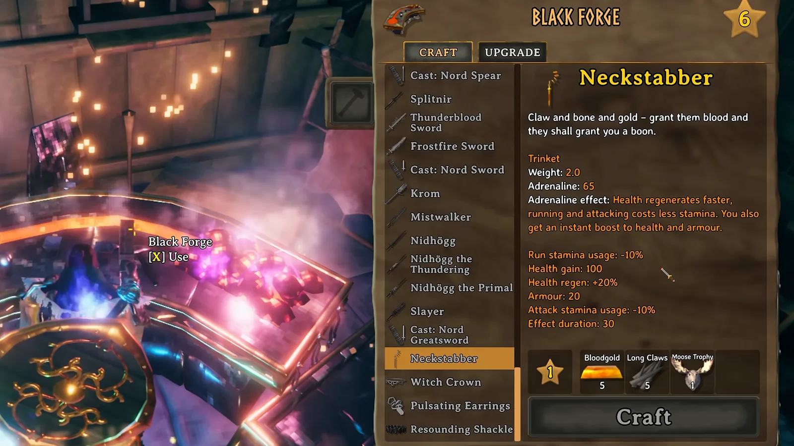 Neckstabber trinket tooltip at the Black Forge in Valheim 1.0 with its adrenaline effect
