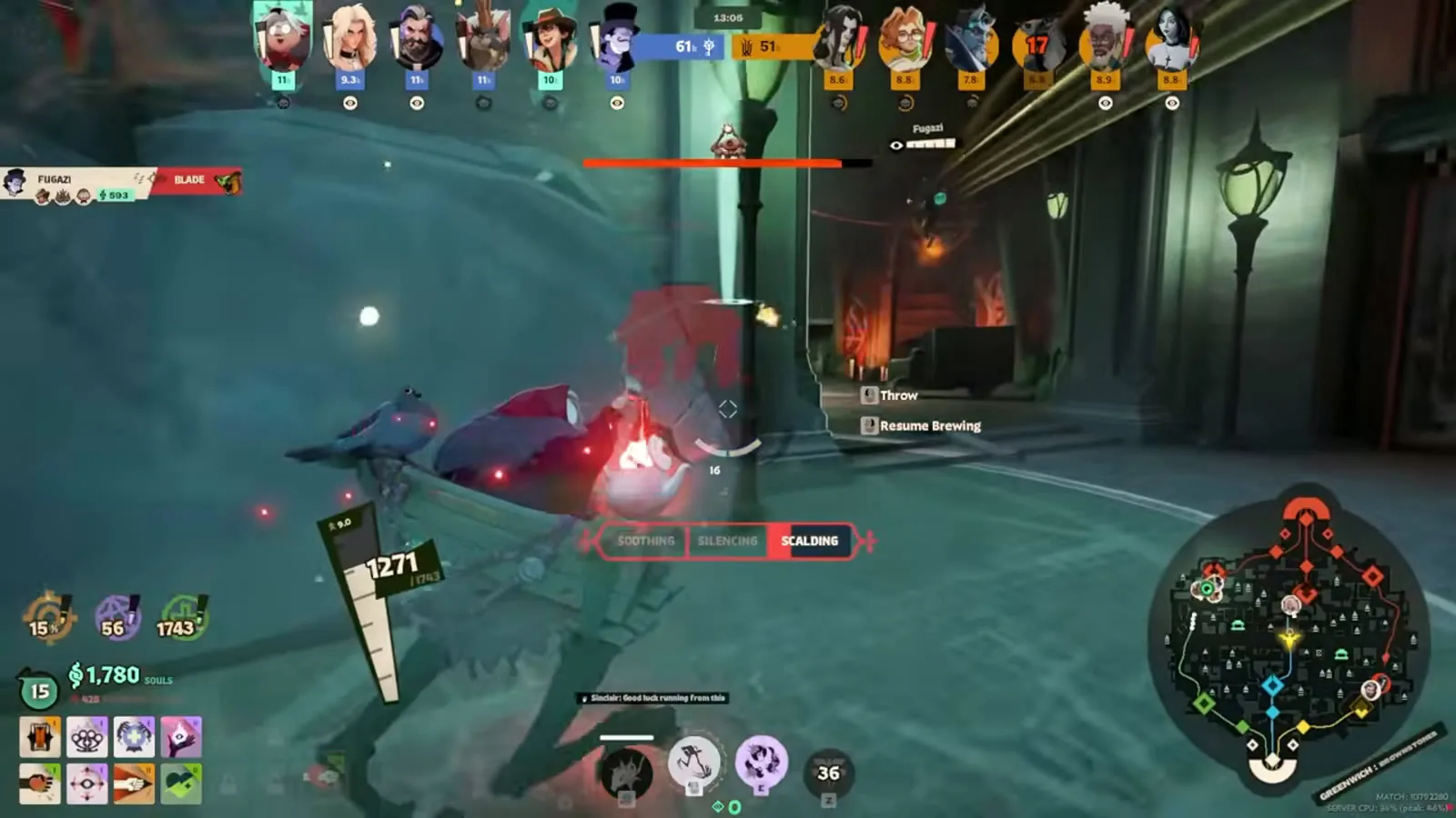 Baba holding a Scalding Brew in a Deadlock lane fight, the brew wheel showing Soothing, Silencing and Scalding