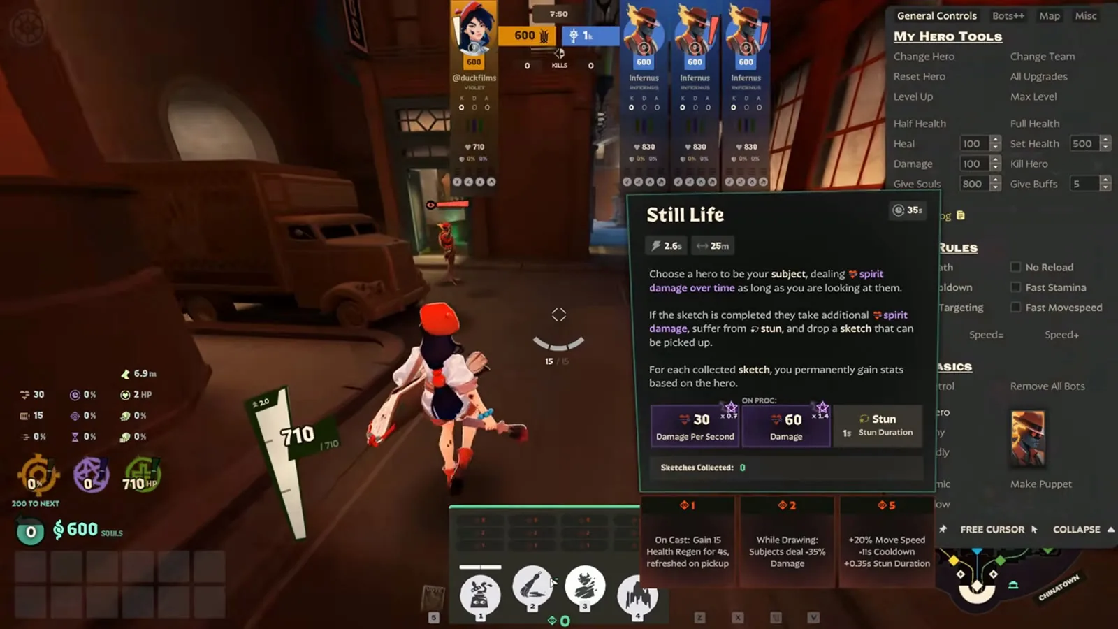 Violet Still Life tooltip in Deadlock with 30 damage per second, 60 proc damage and 1s stun