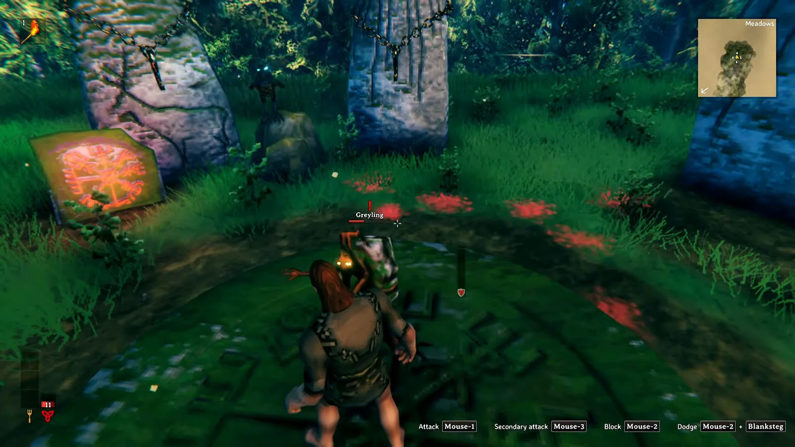 A Greyling attacking the player beside the Vegvisir at the Valheim starting stones