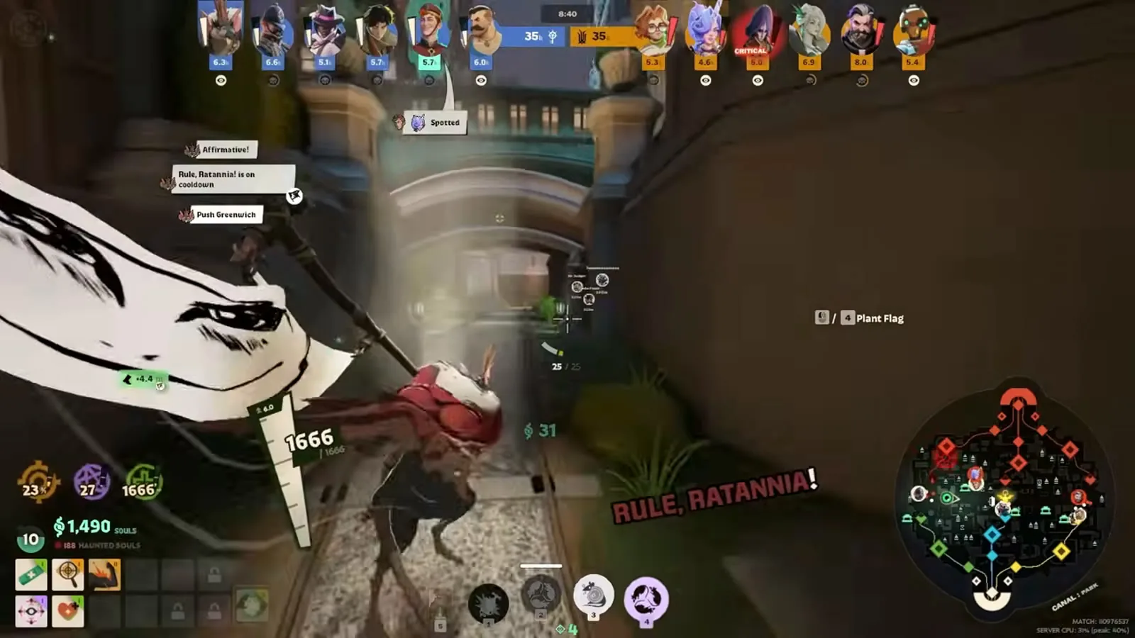 Rat King charging Rule, Ratannia! and carrying the banner, with the plant flag prompt on screen