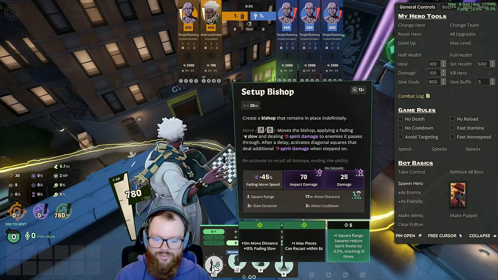 Setup Bishop tooltip in the Deadlock sandbox showing 70 impact damage, 25 square damage and the three tier upgrades