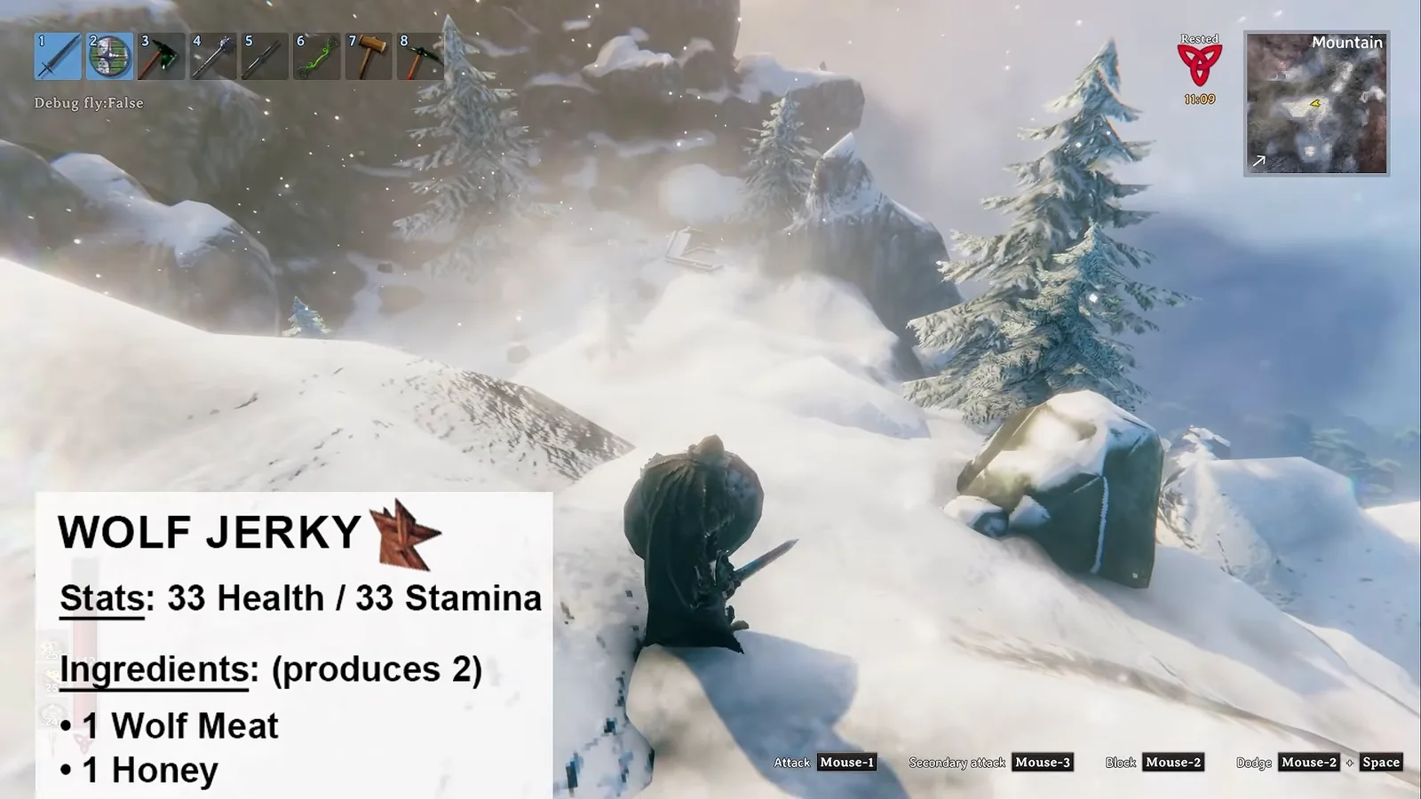 Wolf jerky card in the Valheim Mountains: 33 health and 33 stamina from Wolf meat and Honey