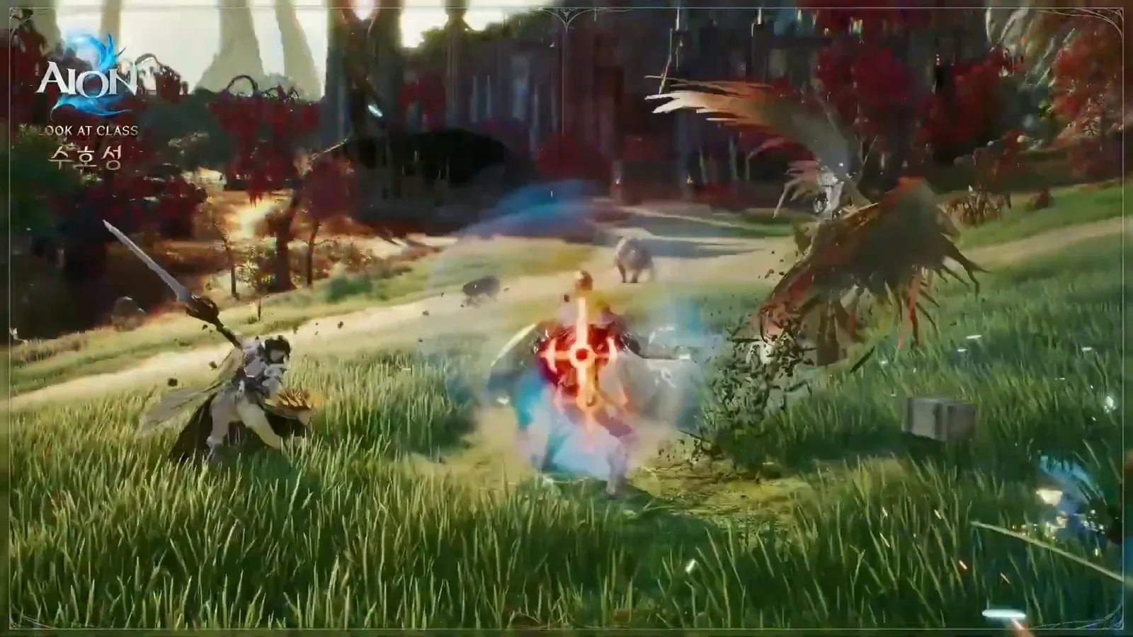 AION 2 Templar with longsword fighting monsters in a grassy field